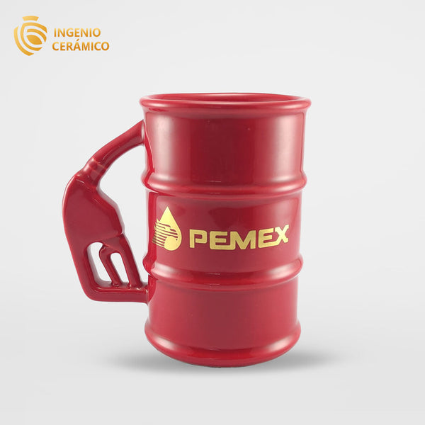 Taza barril rojo logo PEMEX Oro