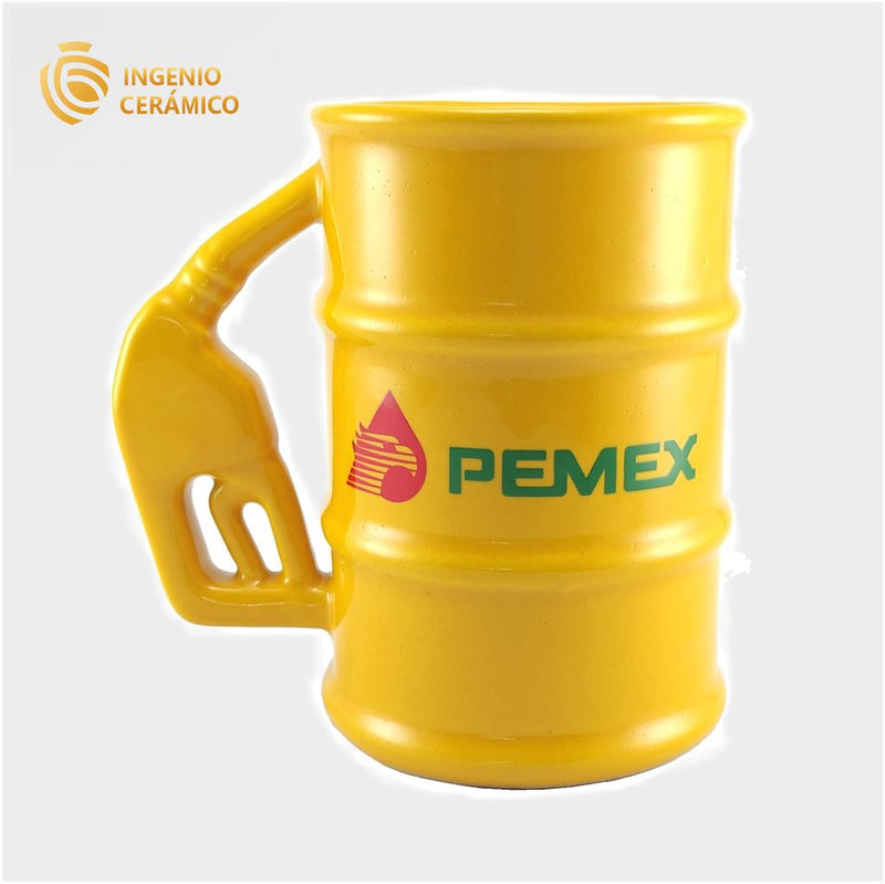 Taza barril amarillo logo PEMEX