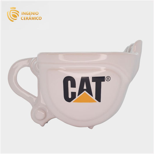 Taza excavadora blanca con logo cat