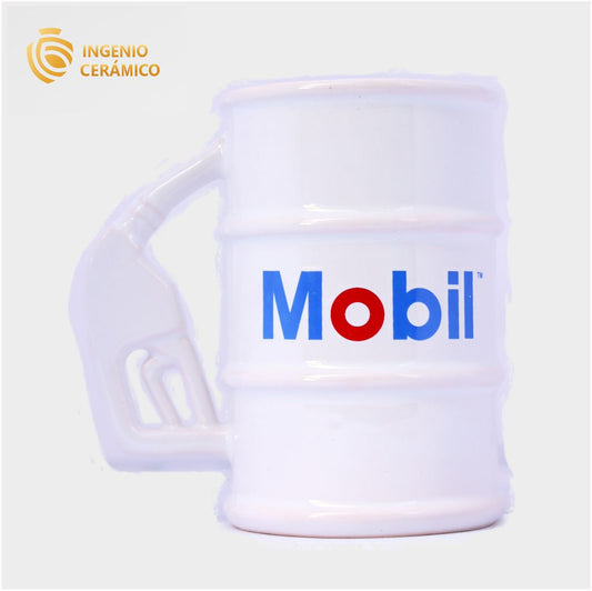 Taza Barril blanco con logo Mobil